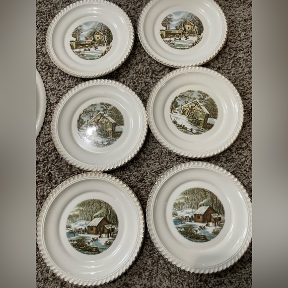 Harkerware USA Since 1840 Currier & Ives Scene Bread/Dessert Plates-Gold Trim - Picture 1 of 6